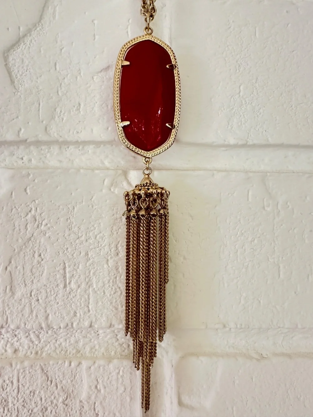 Kendra Scott Rayne Tassel Bright Red Pendant Gold Tone Long Necklace